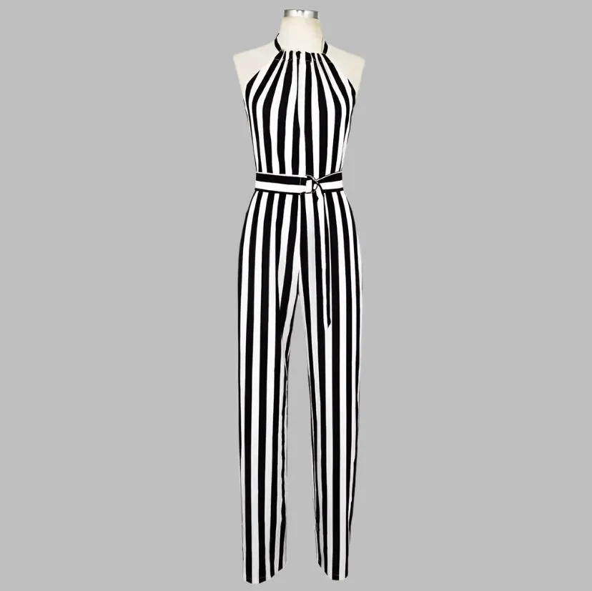 WOMEN "WIDE LEG BACKLESS ELEGANT Black and White Striped Jumpsuit"