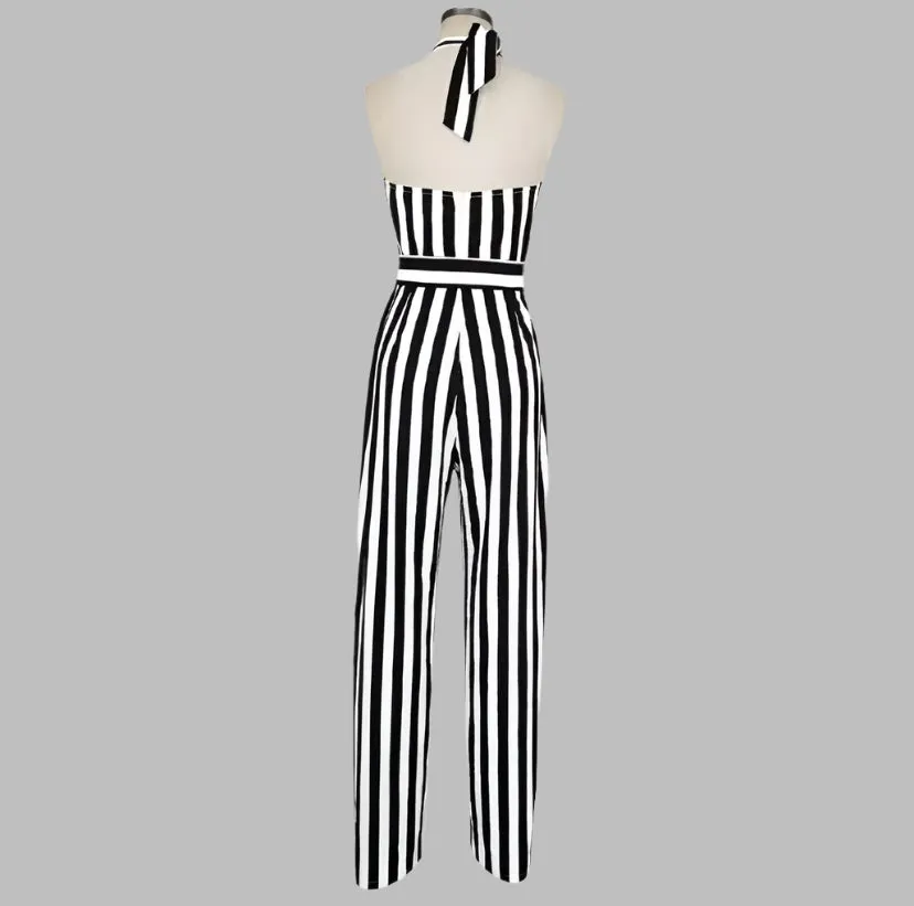 WOMEN "WIDE LEG BACKLESS ELEGANT Black and White Striped Jumpsuit"