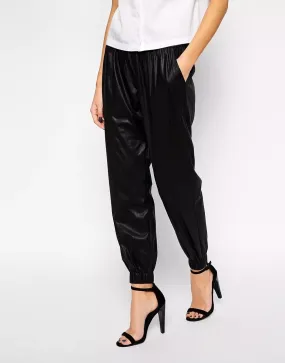 Women's Black Lambskin Leather Joggers with Lace-Up Detail