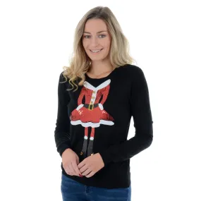 Womens Novelty Sequin Miss Santa Claus Christmas Jumper