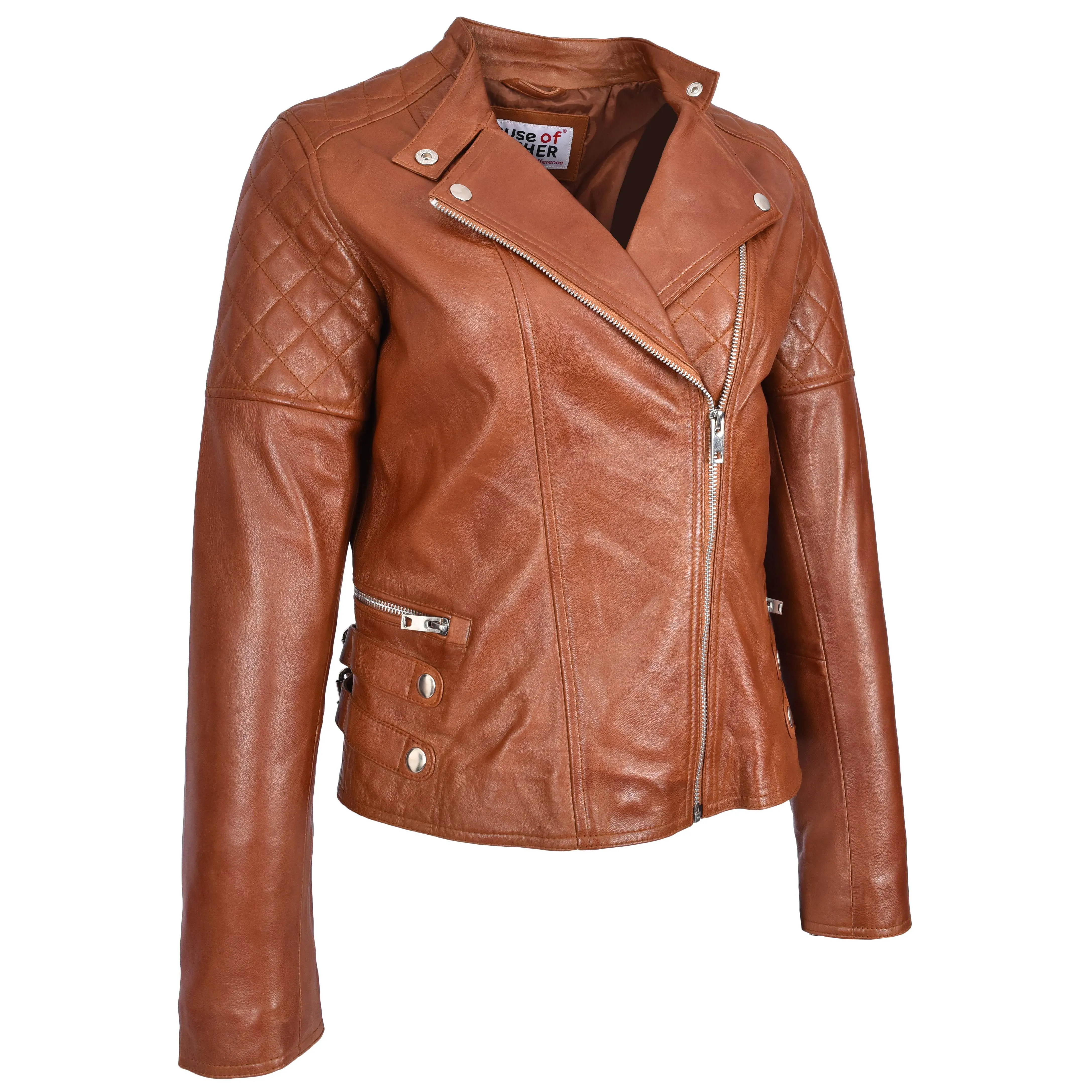 Womens Real Leather Biker Jacket Classic Cross Zip Style Molly Chestnut Tan