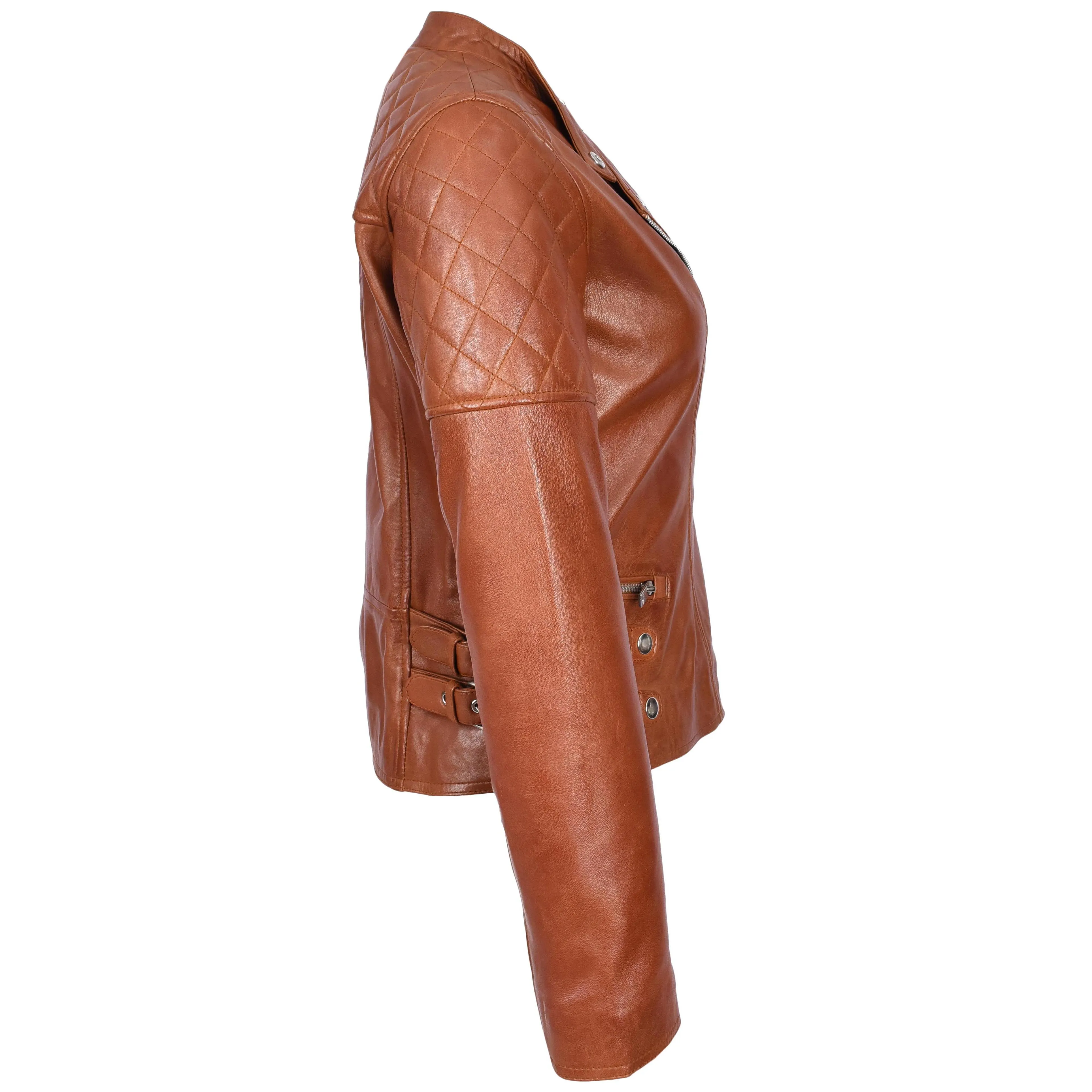 Womens Real Leather Biker Jacket Classic Cross Zip Style Molly Chestnut Tan