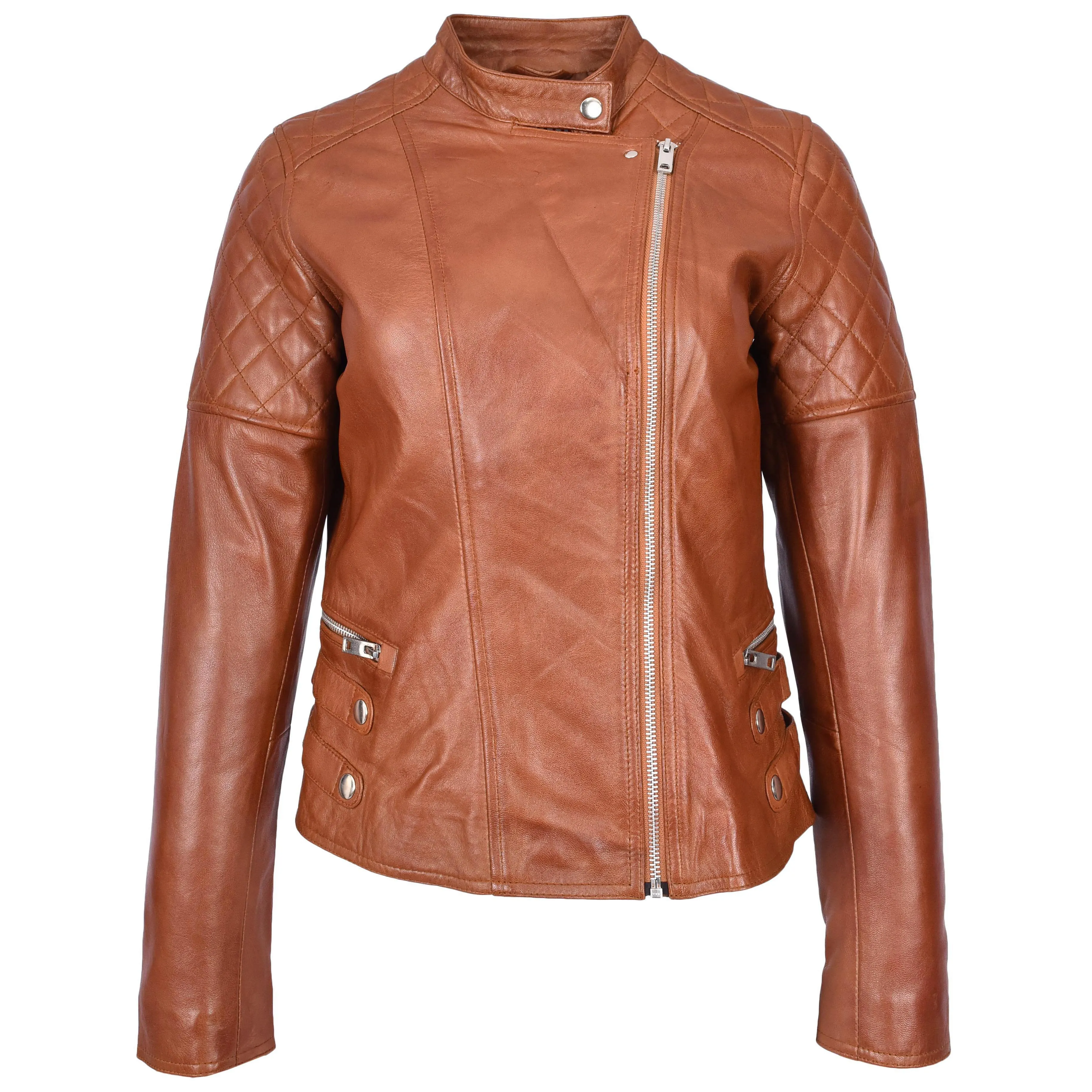 Womens Real Leather Biker Jacket Classic Cross Zip Style Molly Chestnut Tan