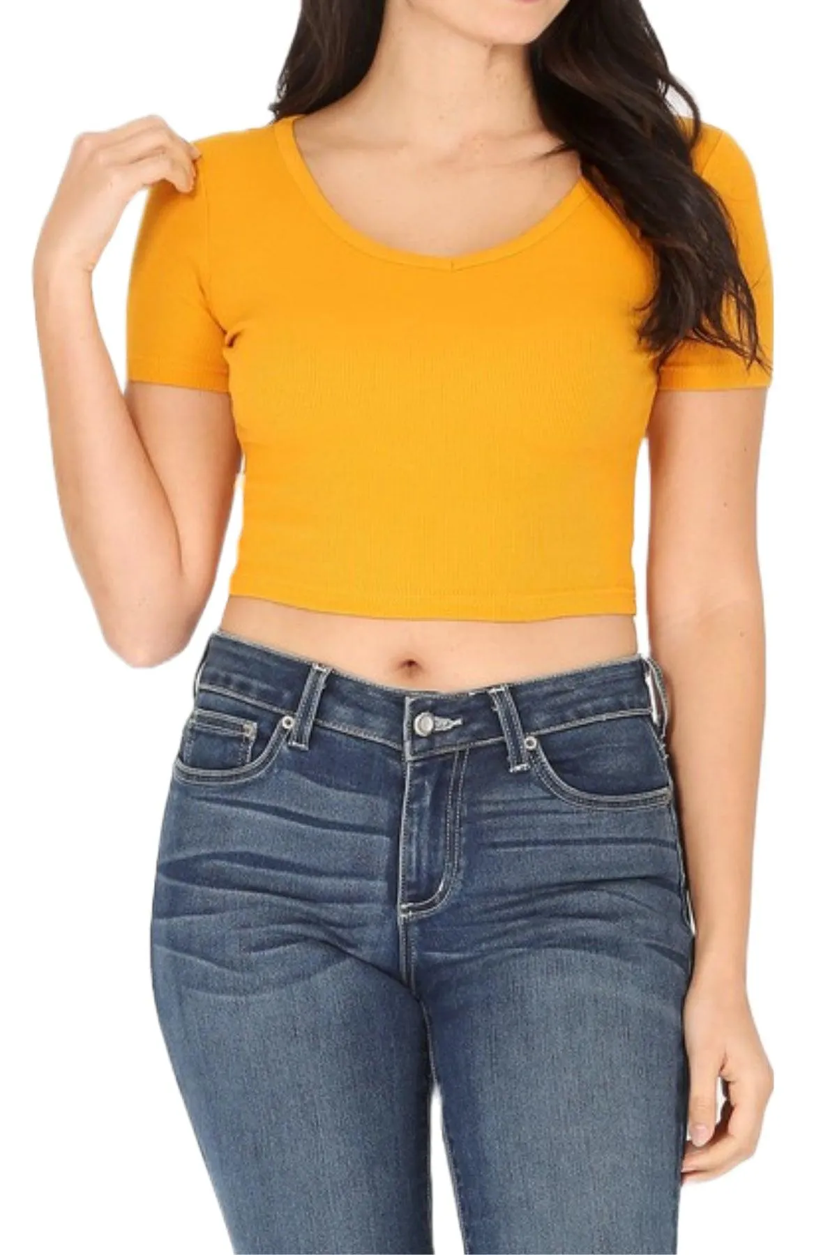 Women's Solid Baby Ribbed V-Neck Short Sleeve Crop T-Shirt