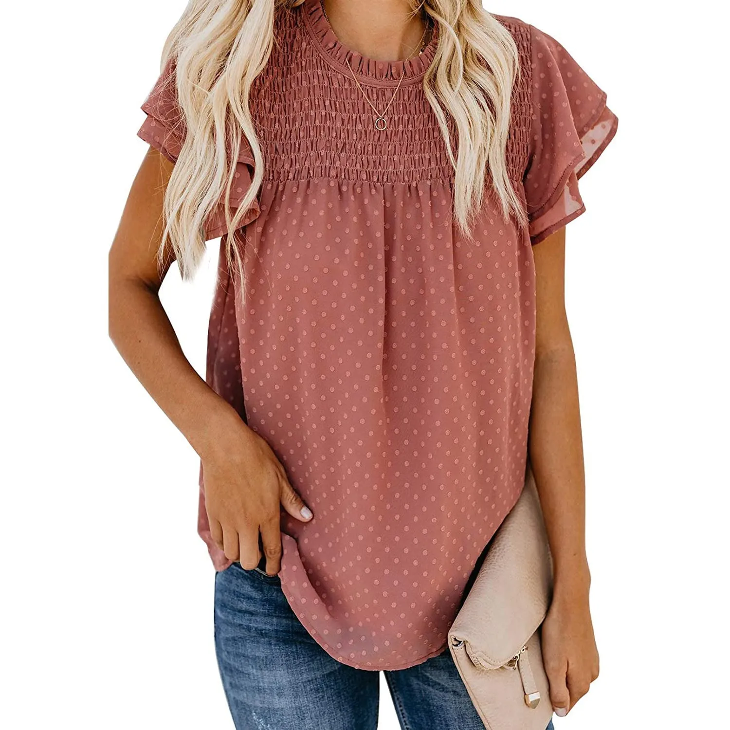 Women's Summer Cute Crewneck Lace Crochet Chiffon Blouse