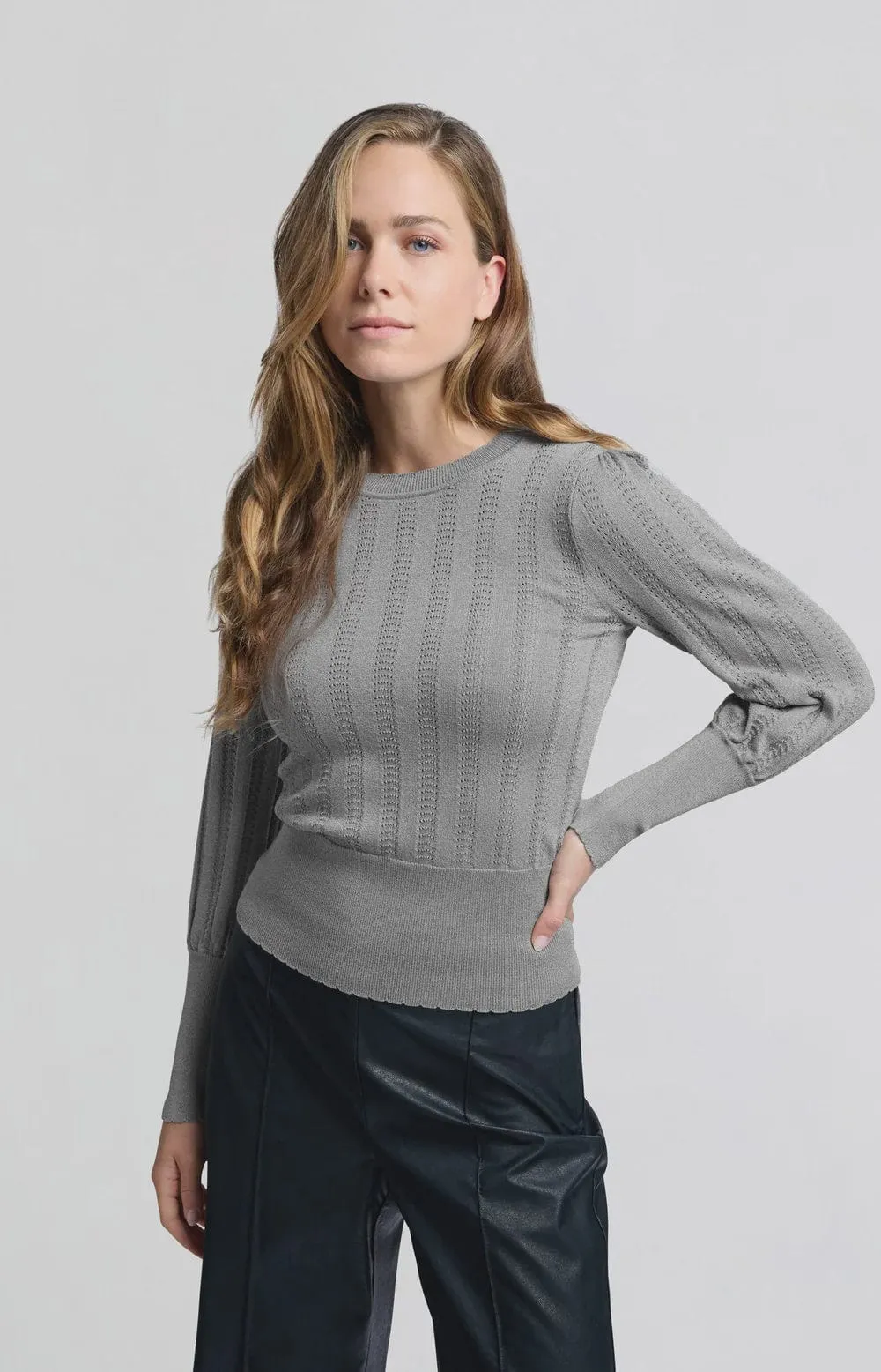 Yaya Balloon Sleeve Jumper Ajour Detail Light Metal Grey