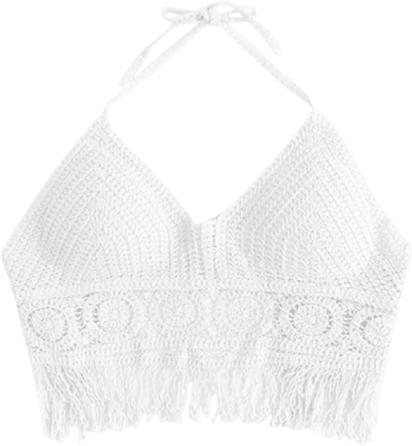 ZAFUL Womens Halter Fringed Trim Crochet Knit Bralette Top