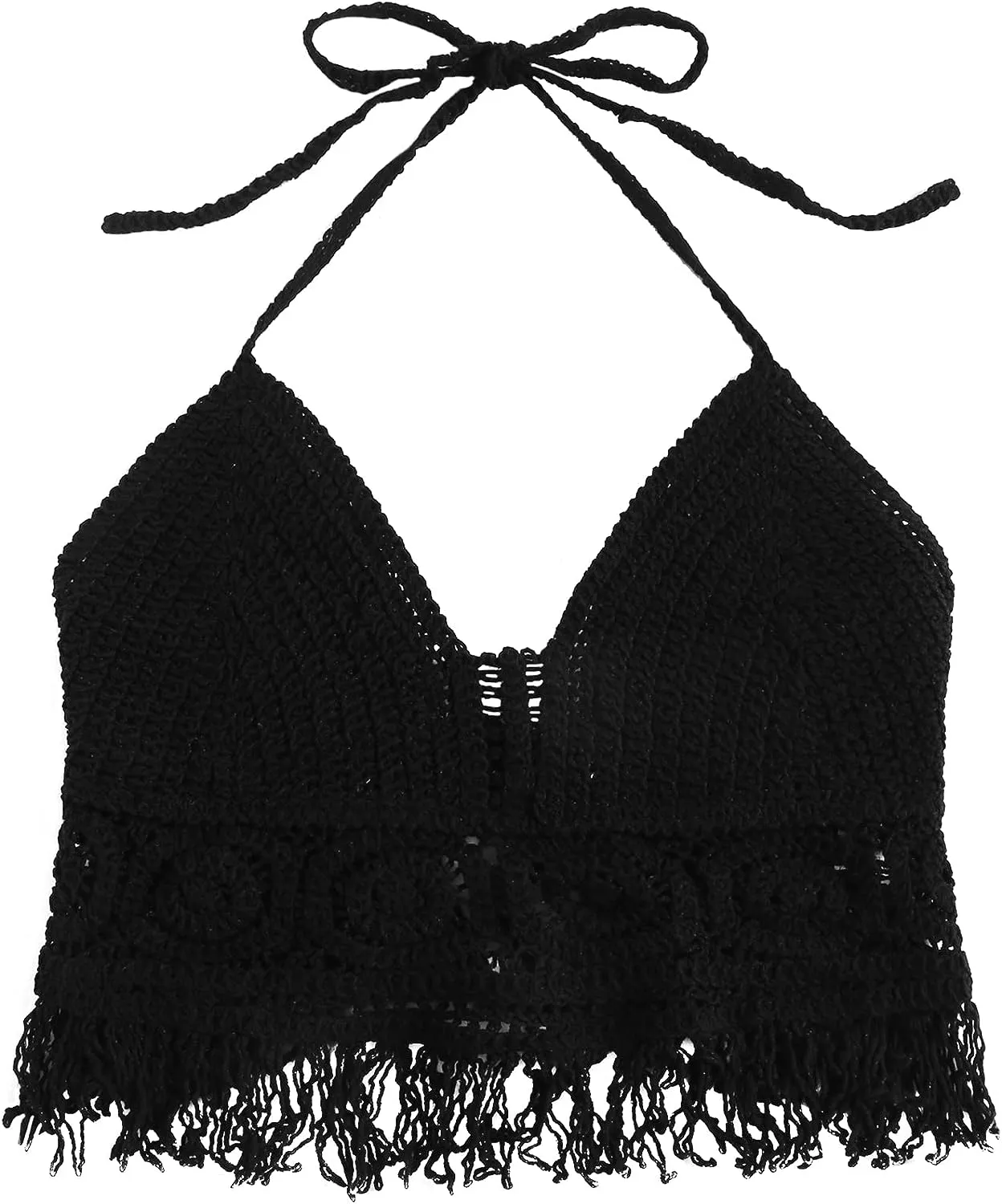 ZAFUL Womens Halter Fringed Trim Crochet Knit Bralette Top