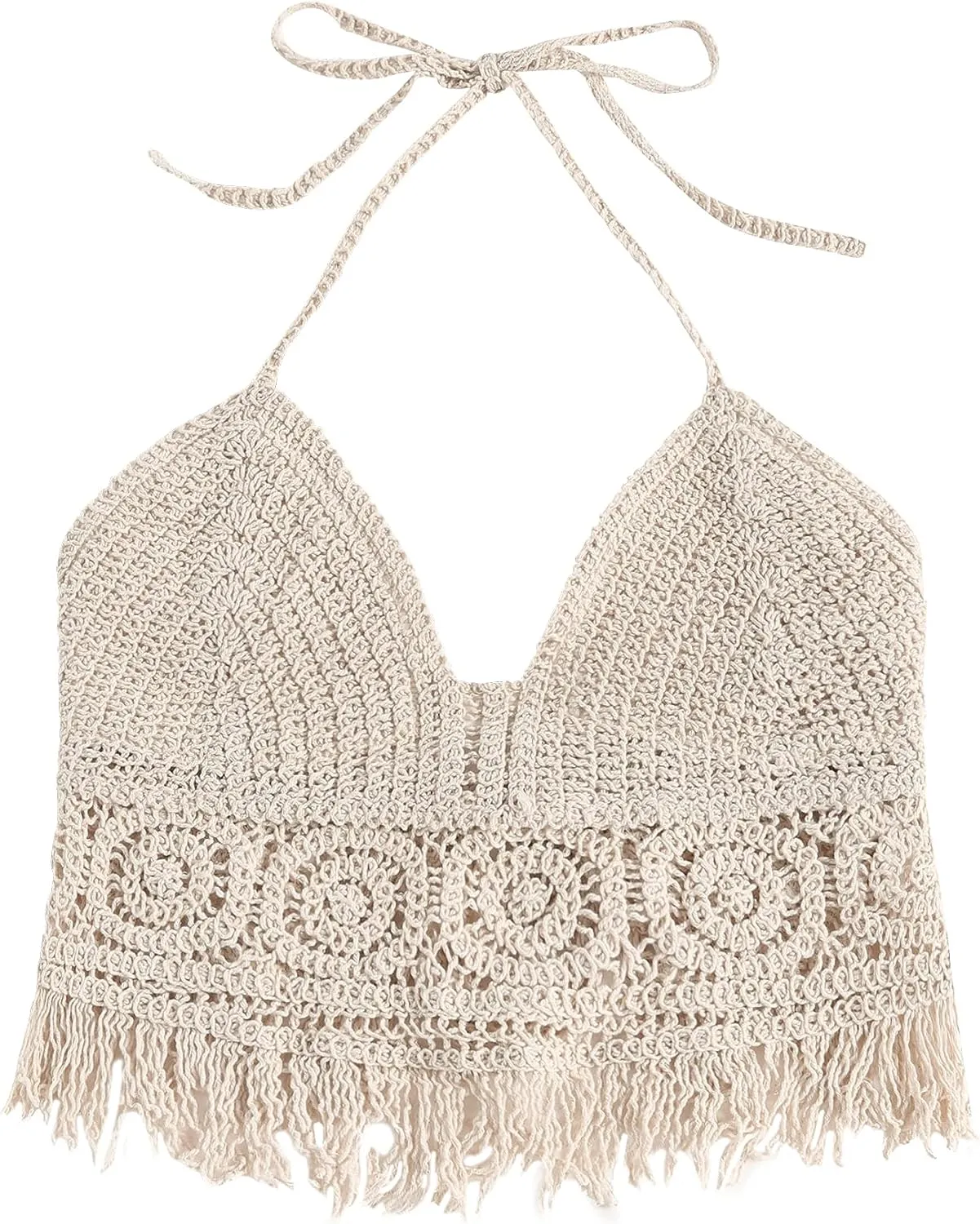 ZAFUL Womens Halter Fringed Trim Crochet Knit Bralette Top