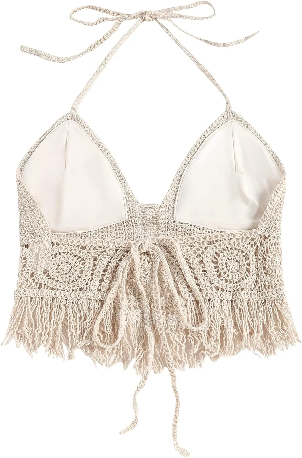 ZAFUL Womens Halter Fringed Trim Crochet Knit Bralette Top