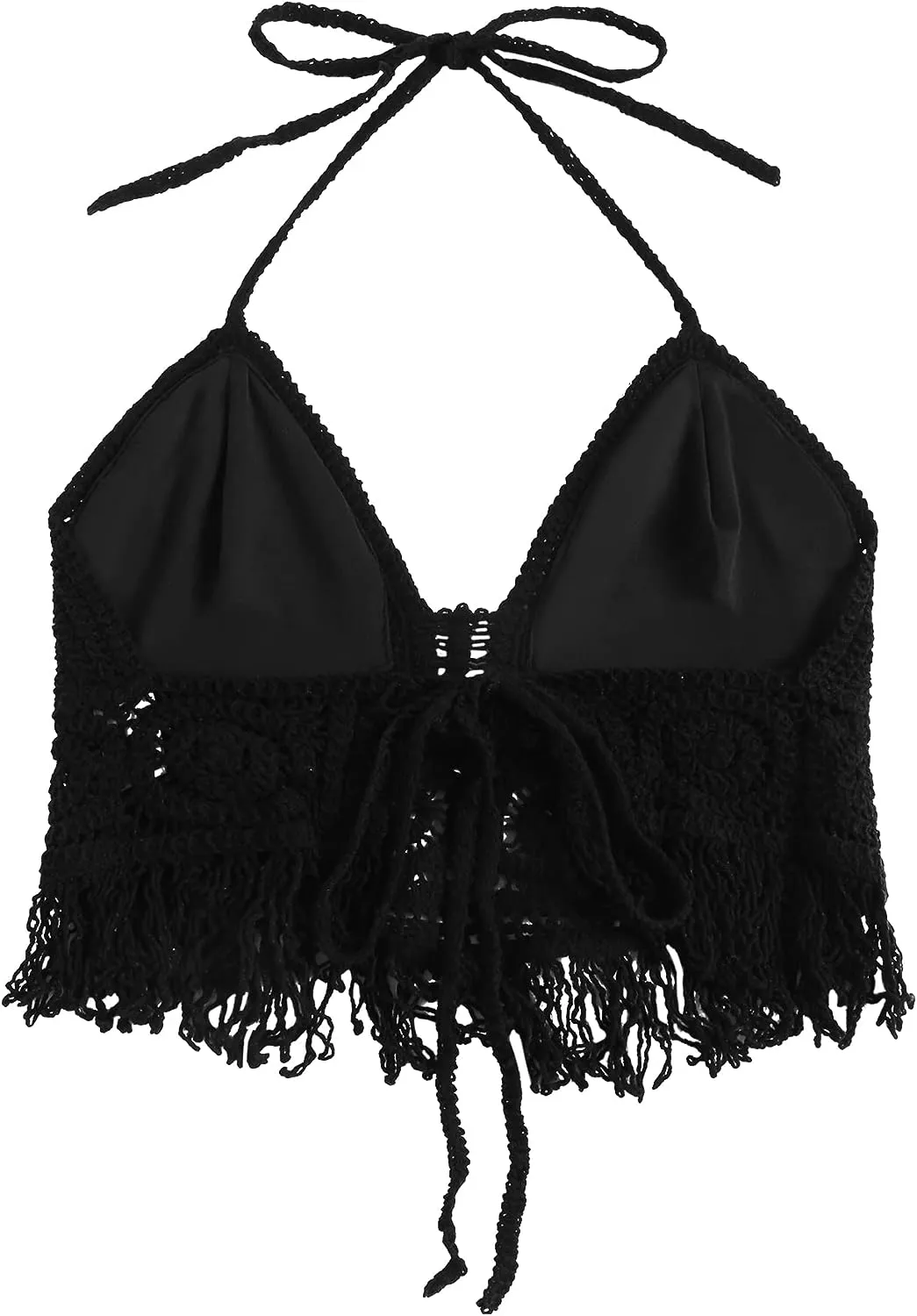 ZAFUL Womens Halter Fringed Trim Crochet Knit Bralette Top